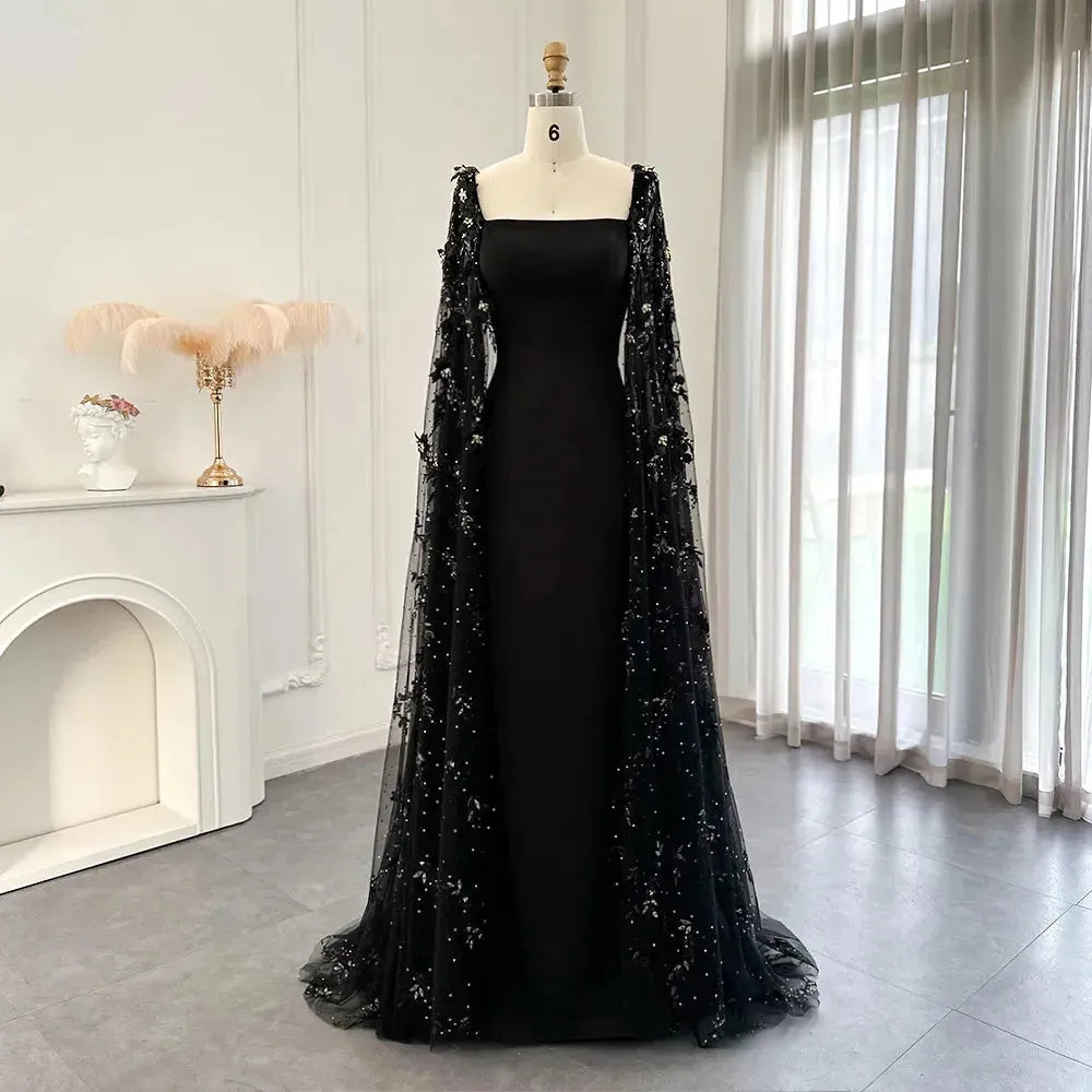 Luxury 3D Flowers Black Satin Arabic Evening Dress with Cape Elegant Mermaid Long Women Formal Party Gowns