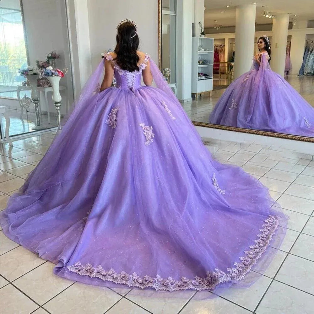 Quince Dress | Glittering Lilac Quinceanera Dresses With Cape Formal Birthday Party Ball Gown Vestidos De 15 Anosowns With Wrap picture lilac