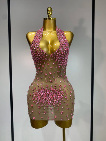 Luxury Rhinestones Backless Mini Dress Women Sexy Mesh Transparent Celebrate Evening Birthday Photo Shoot Perform Stage Outfit