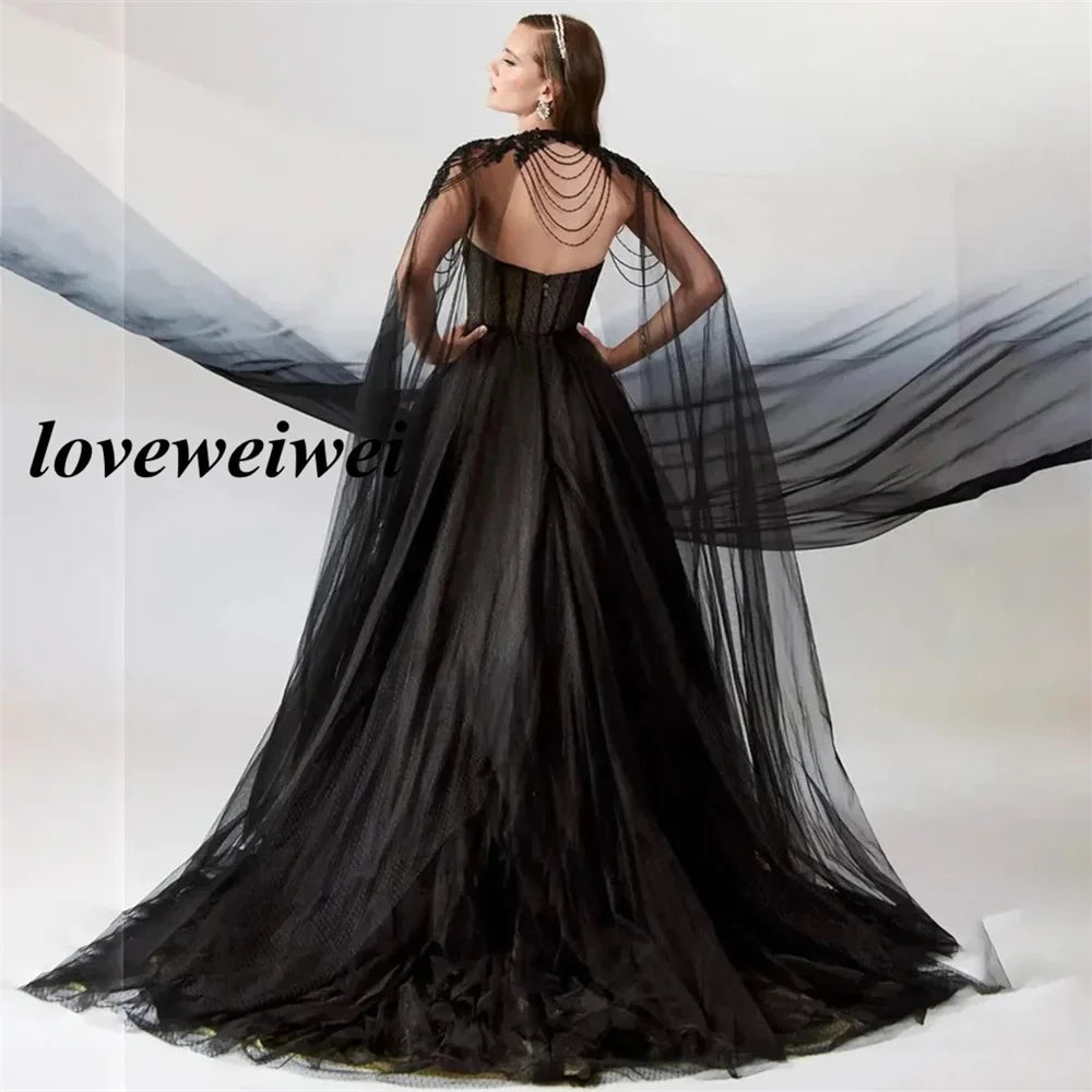 Black Simple Elegant Evening Dresses Shawl Beading Tulle A line Prom Dress Floor Length Women Graduation Party Gowns