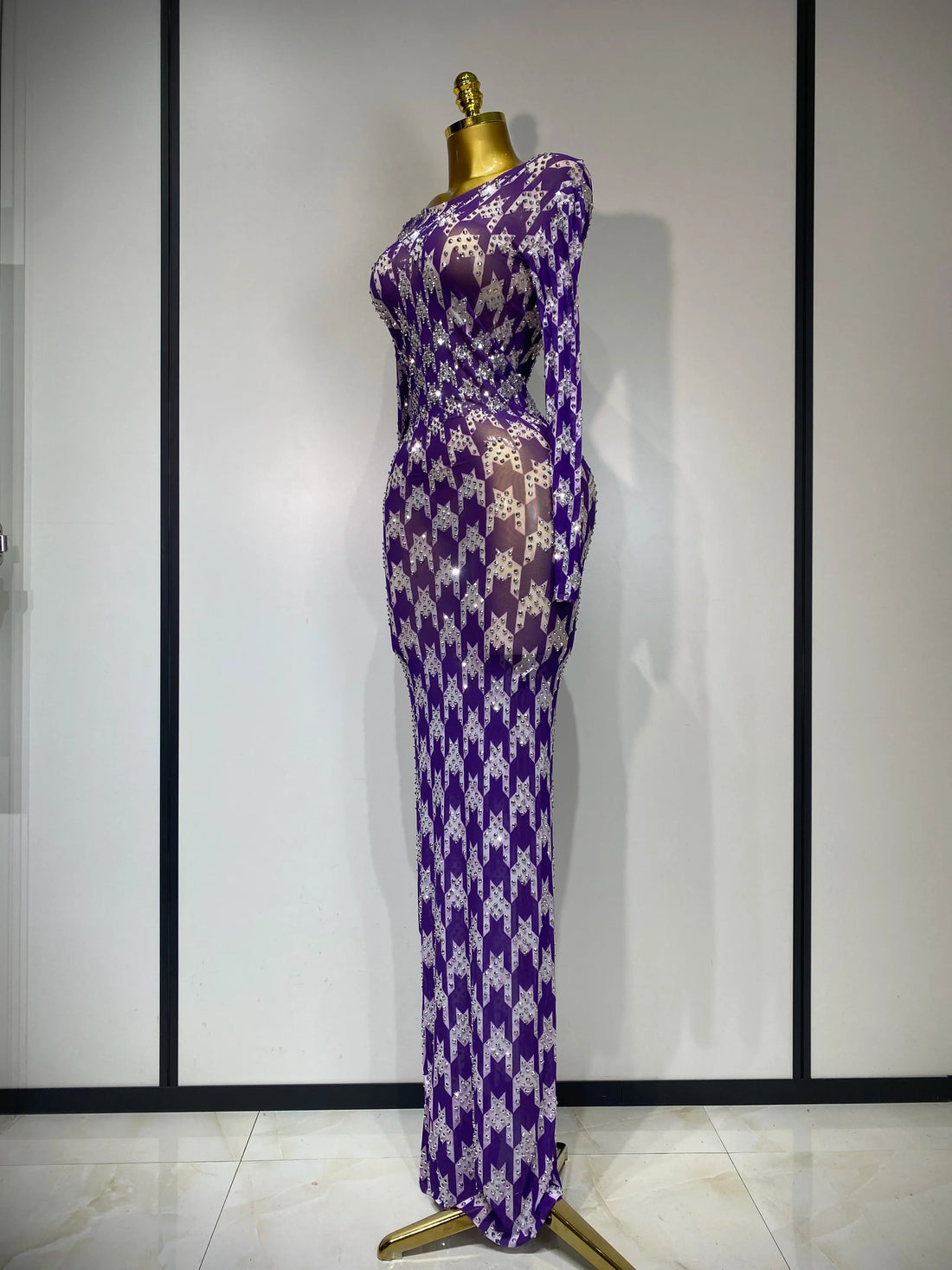 Sparkly Rhinestone Stretchy Mesh See Through Dress Women 2025 Performance Dancer Costume Luxury Birthday Nightclub Stage Outfit