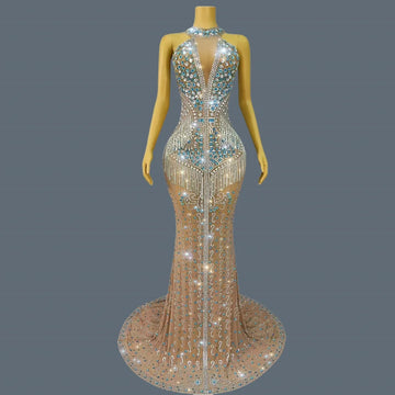 High-end Evening Gown Sparkly Diamonds Sheer Mesh Floor-length Dress Luxury Crystals Tassel Birthday Prom Ball Dress Lancaihua