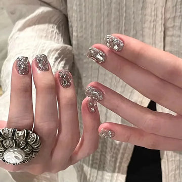 Shiny Crystal Glitter Powder Cat Eye Rhinestone Pearl Short Fake Nails Art Korean False Nails Zircon DIY Press on Nails Manicure