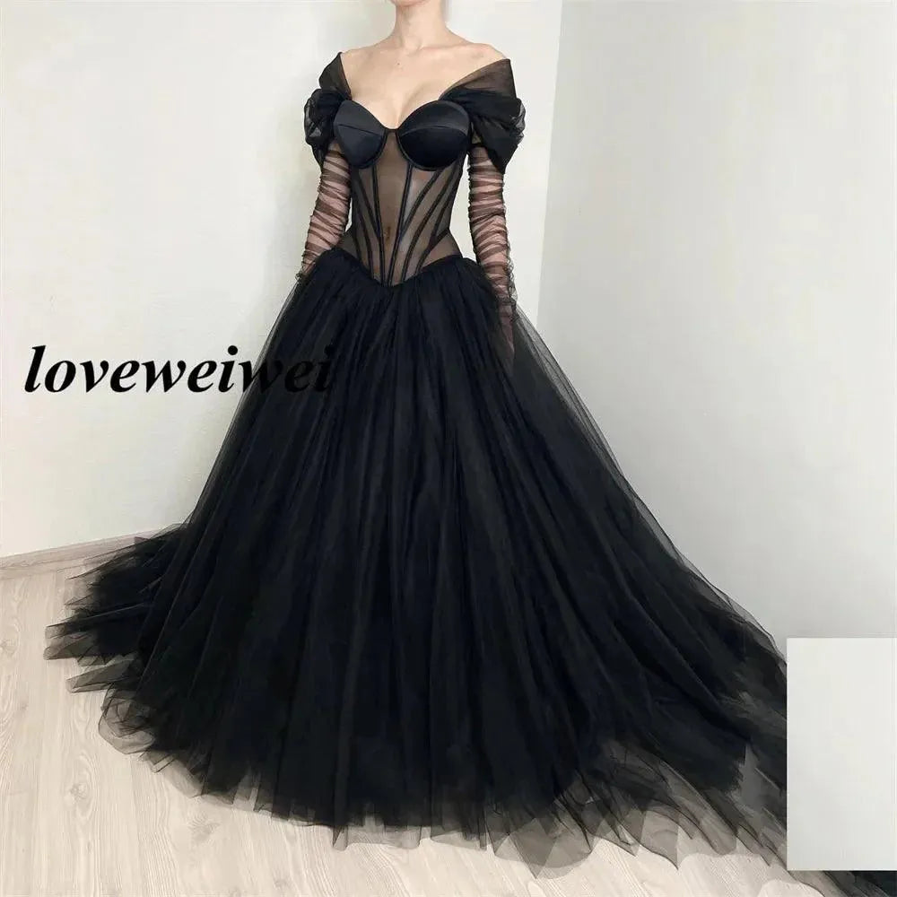 Sexy Black Gothic Wedding Dress Off Shoulder Corset Evening Dresses Tulle A Line Floor Length Bridal Gown Vestido De Novia