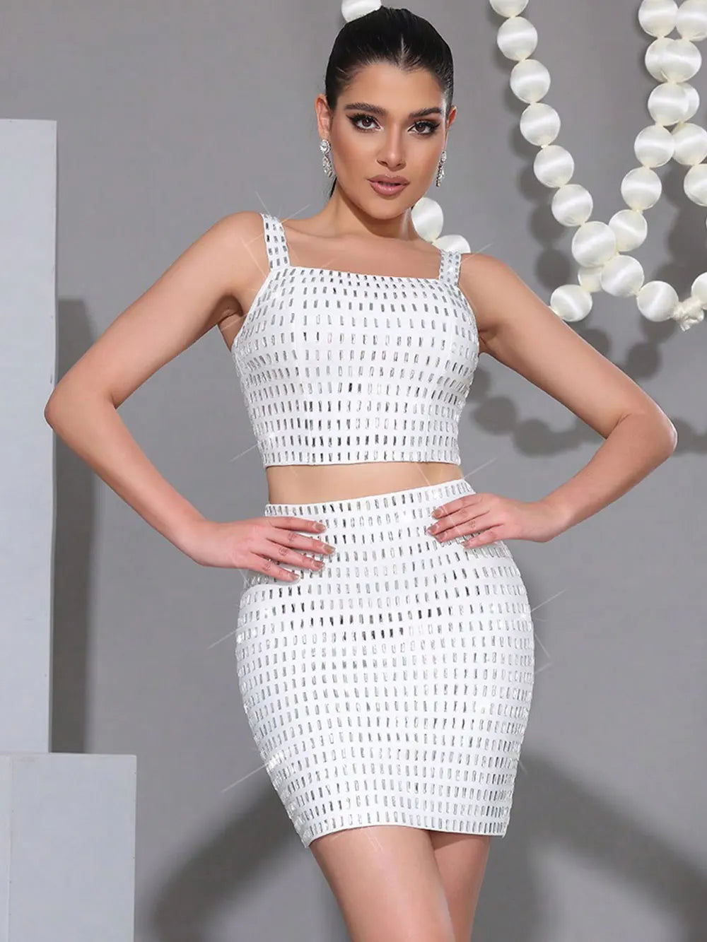 2025 Elegant Women's Nail Bead Design Bandage Skirt Set Camisole Sleeveless Ultra Short Tank Top+Mini Skirt Two Piece Set