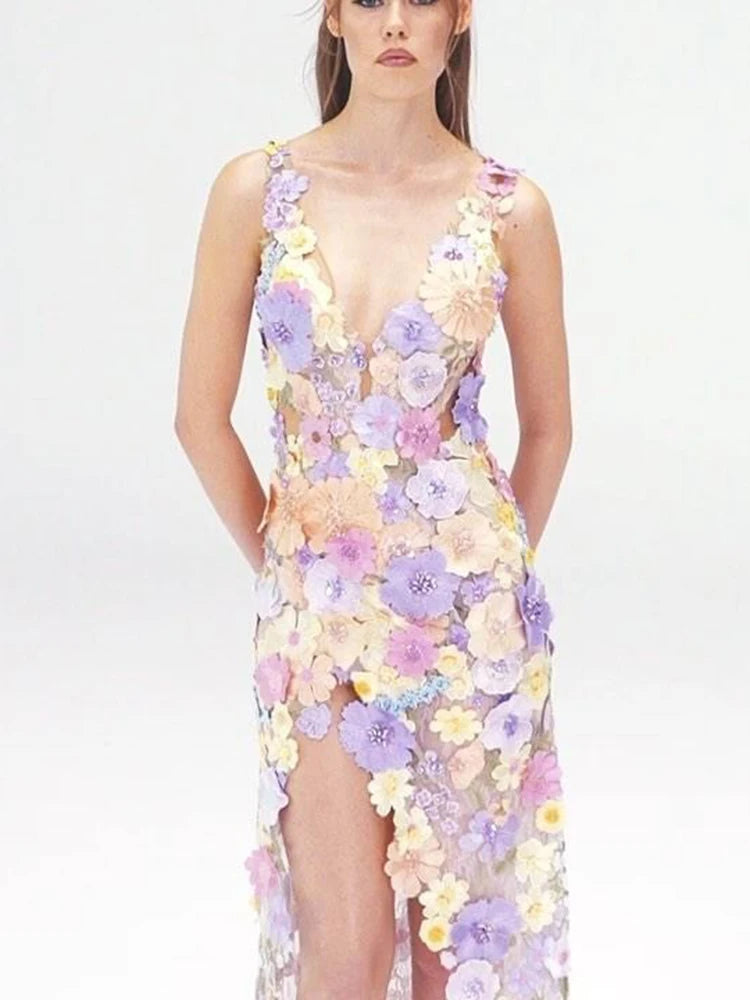 VC Glamorous Floral Embroidered V-Neck High Slit Dress Gown for Spring Fashion Galas  Garden-Themed Weddings