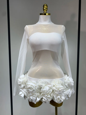 Women Sexy Mesh See through Stereoscopic Flowers White Red Mini Bandage Dress Birthday Evening Party Club Singer Perform Costume