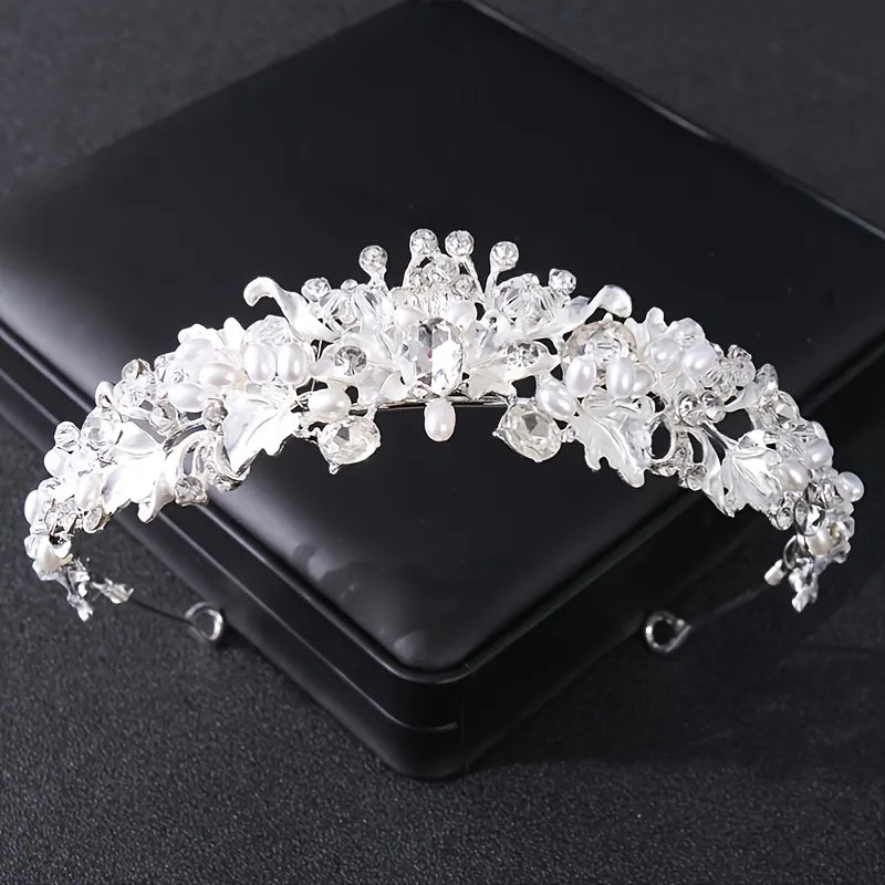Silver Color Pearl Crystal Crown Headband Flower Rhinestone Gold Tiara Diadem Party Women Bride Wedding Hair Accessories Jewelry