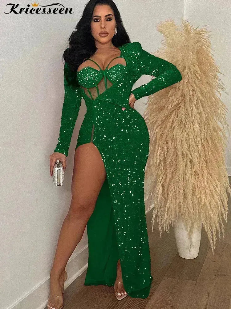 Kricesseen Chic Corset Glam High Slit Sequins Dress Set Glitter Rhinestone Underwire Lace Bodysuit +Sequins Long Dress Gowns