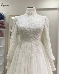 Elegante vestido de novia de encaje con cuentas color marfil, manga larga, corte en A, vestido de novia de tul con cola larga, vestido de novia musulmán