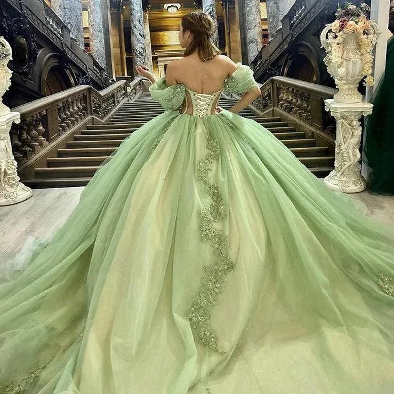 Quince Dress | Glittering Green Sweetheart Quinceanera Dress Off Shoulder Beading Floral Appliqué Vestidos De 15 Anos Ball Gown green champagne