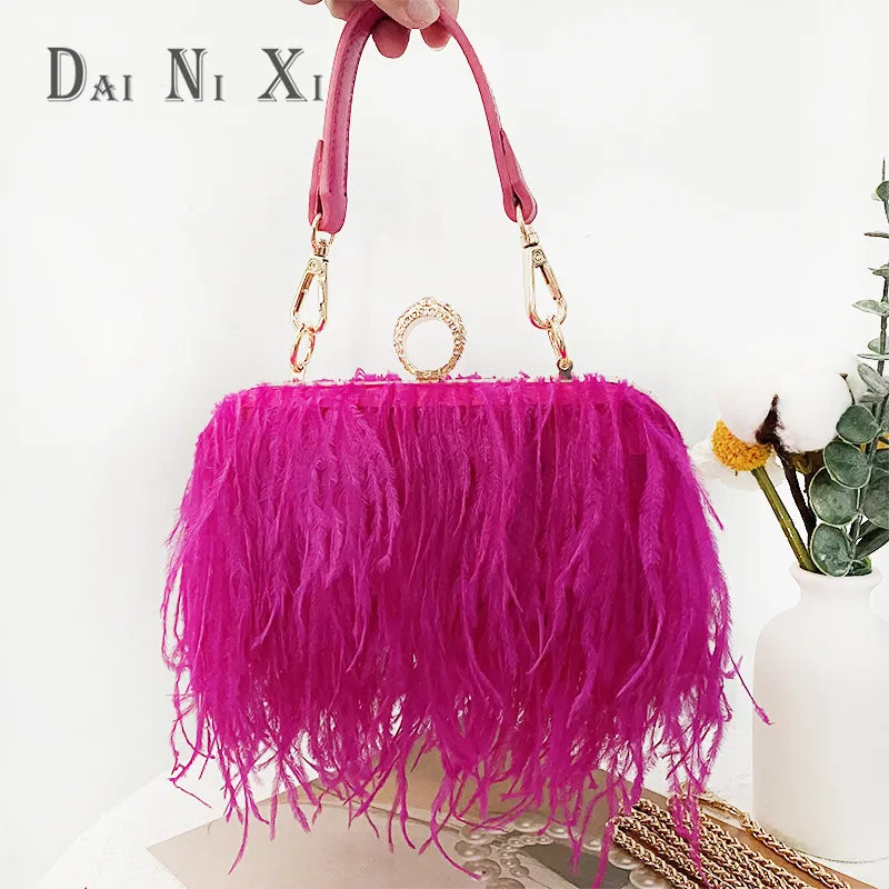 Fashion Ostrich Fuax Fur Feather Wallet Clutch Bag Ladies Diamond Knuckle Rings Dinner Party Wedding Purse Luxury Chic