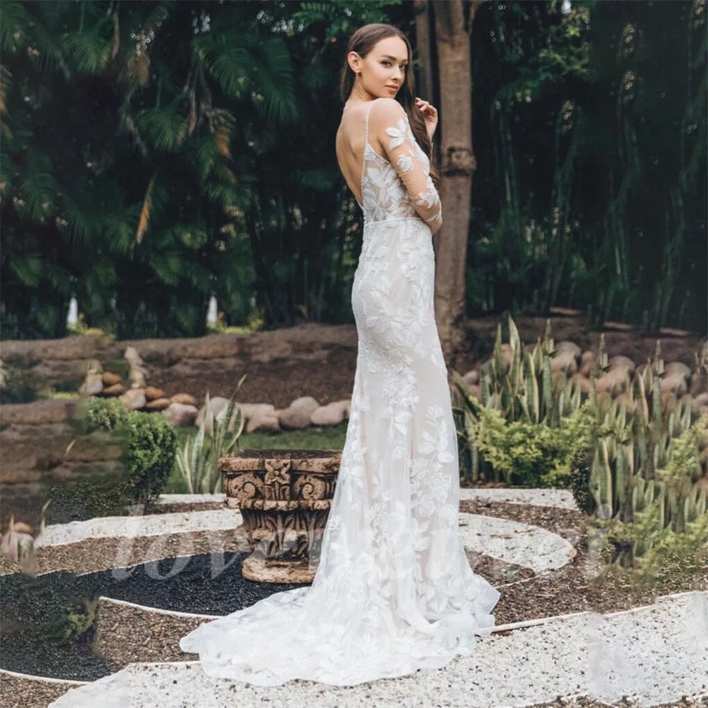 Vestido de novia estilo sirena bohemio, manga larga transparente, para playa, sin espalda, elegante, con apliques de encaje