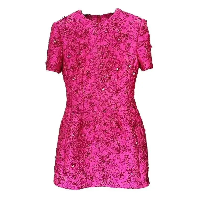 A niche heavy industry light luxury slim fitting short sleeved dress with exquisite and luxurious feel. New autumn dress Fuchsia