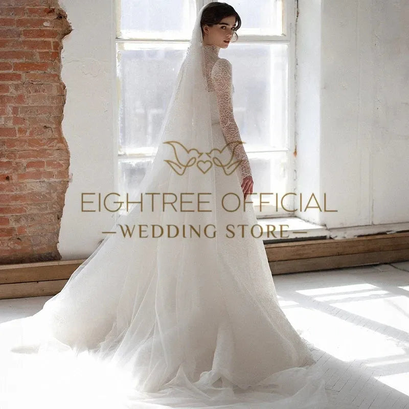Elegant Mermaid Wedding Dresses High Neck Long Sleeves Lace Bridal Dress Formal Wedding Ball Prom Gowns Customized