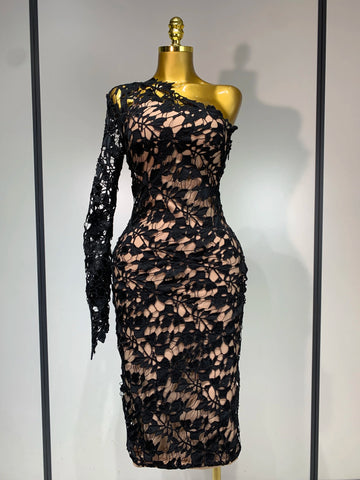 Women Sexy Lace Patchtop Bandage Dress Diagonal Collar Single Shoulder Long Sleeve Bodycon Dress Party Luxury Birthday Dresses