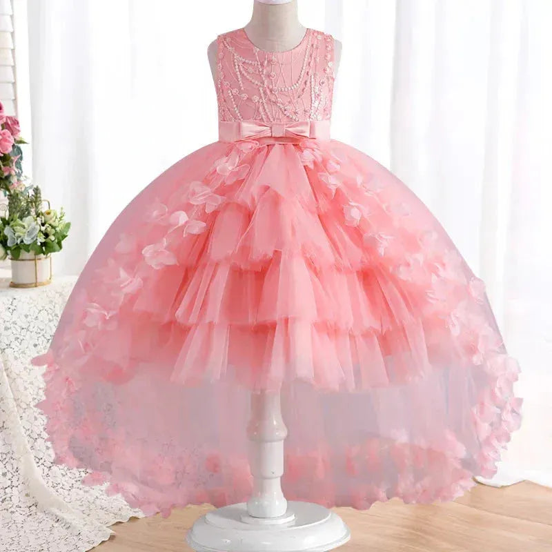 Girls' lace bow dress 4-12 years old temperament flower sequin trailing princess dress new carnival party formal dress