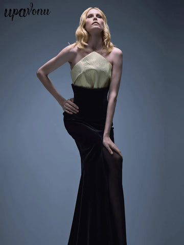 UpAvonu Elegant Strapless Patchwork Velvet Mermaid Long Dress Women Sexy Sleeveless Folds Slim Evening Runway Party Gown