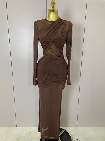 Women Elegant Brown Mesh Fold Long Sleeve Bodycon Dress Evening Party Club Sexy Perspective Fashion Luxury Birthday Dresses