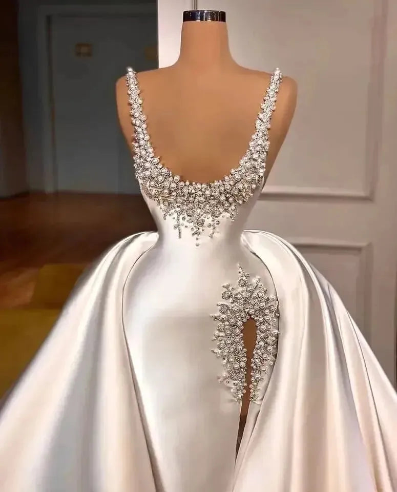 Luxury Beads Mermaid Pearls Bridal Gown with Detachable Train Side Split Wedding Dresses For Women Custom Made Vestido De Novia Ivory