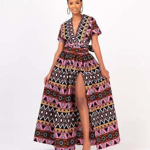 African Women Dress Dashiki Print Ankara Dresses Summer Sexy V-neck Backless High-waist Maxi Dress Kanga Clothing