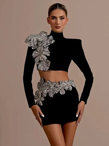 Women's Heavy Industry Nail Bead Flower Short Skirt Set High Collar Long Sleeve Tight Ultra Short Top+Mini Skirt Two Piece Set