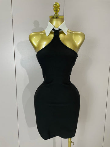 Sexy Backless White Shirt Collar Black Mini Bodycon Bandage Dress 2025 Women Elegant Evening Club Party Luxury Birthday Dresses
