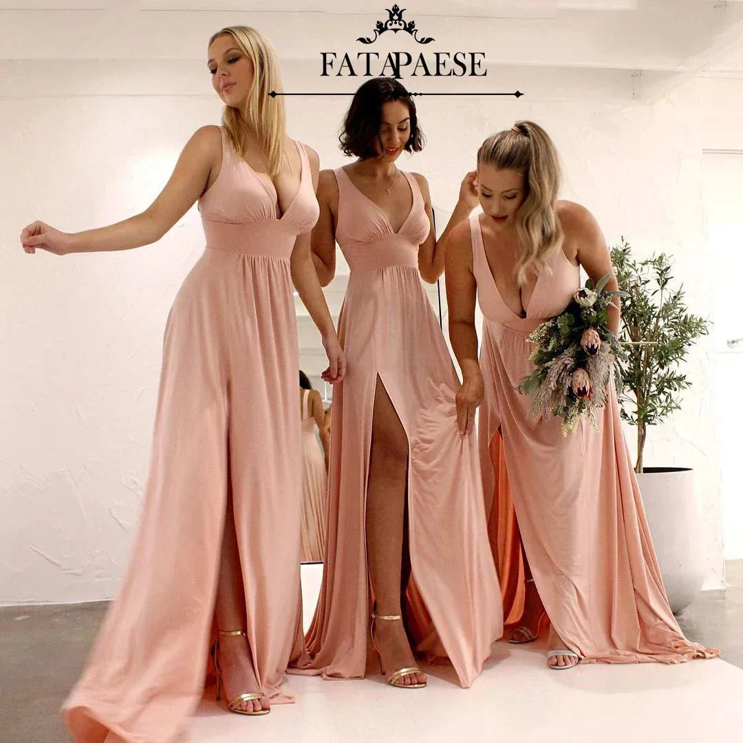 FATAPAESE Simple Bridesmaid Dresses Satin V Neck Slit Wedding Party Backless Women Dresses Buegundy Long Prom Party Gown Summer