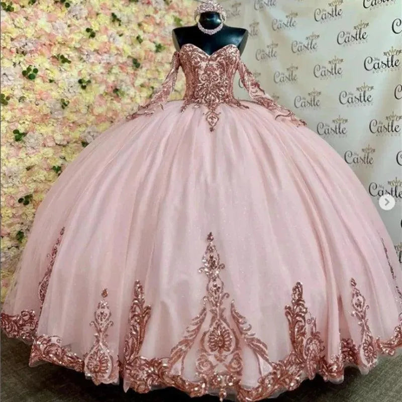 Quince Dress | Pink Quinceanera Dresses Rose Gold Sequin Applique Formal Birthday Party Prom Ball Gown Vestidos De 15 Anos Corset picture pink