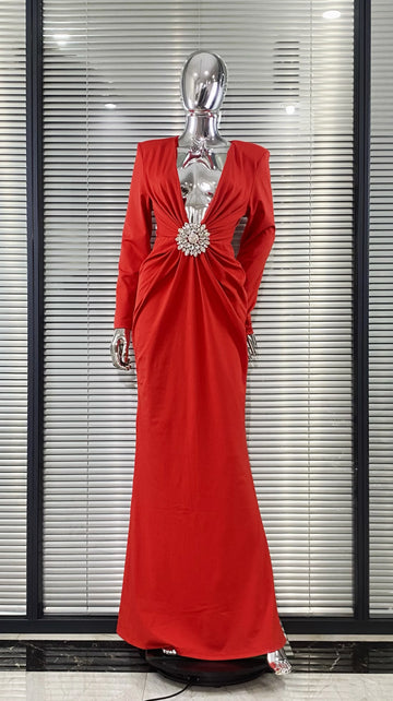 Black Red White Women Long Sleeve Sexy Deep V-Neck Bodycon Long Dress Elegant Evening Party Celebrate Birthday Outfit Vestido