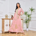 Long Dress For Prom V-neck Beaded Spring Muslim Gold Stamped Fashion Robe With Belt Pink Dress Dubai Arab Women Clothing