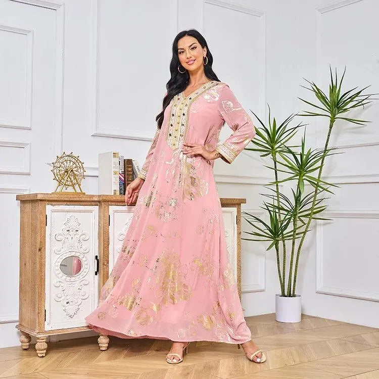 Long Dress For Prom V-neck Beaded Spring Muslim Gold Stamped Fashion Robe With Belt Pink Dress Dubai Arab Women Clothing