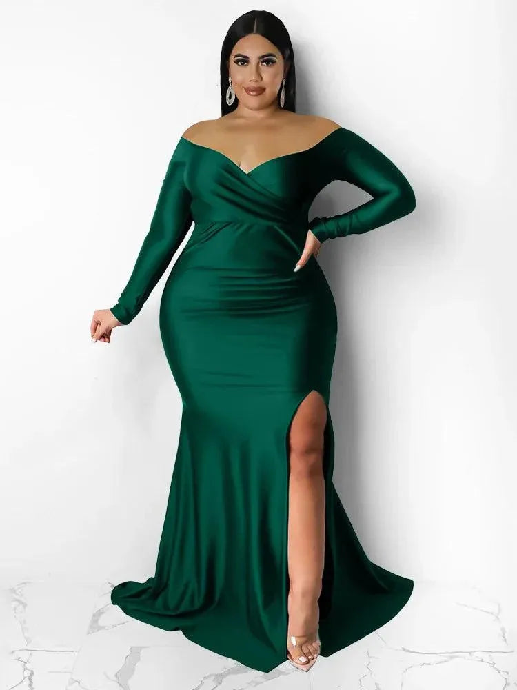 Plus Size Party Dresses for Women Off Shoulder V Neck Slip Hem Elegant Birthday Outfit Maxi Dress green