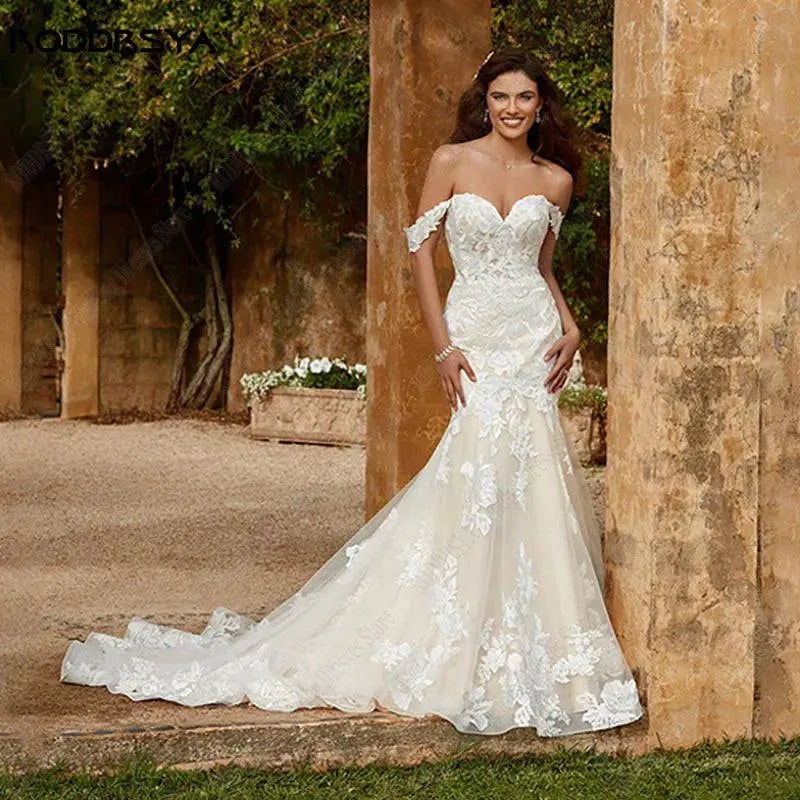 Off Shoulder Wedding Dresses For Bride Mermaid Appliques Vestido De Casamento Bridal Gowns Lace Sweep Train Custom Made Ivory