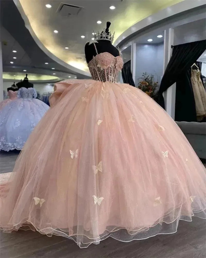 Quince Dress | Shiny Butterfly Quinceanera Dress With Big Bow Butterfly Sweet 16 Vestidos De 15 Anos Formal Birthday Party Gowns