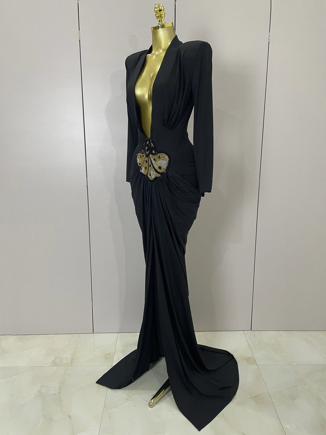 Sexy Deep V-Neck  Long Sleeve Bodycon Long Dress  New Women Spring Elegant Evening Party Celebrate Cocktail Outfit Vestido