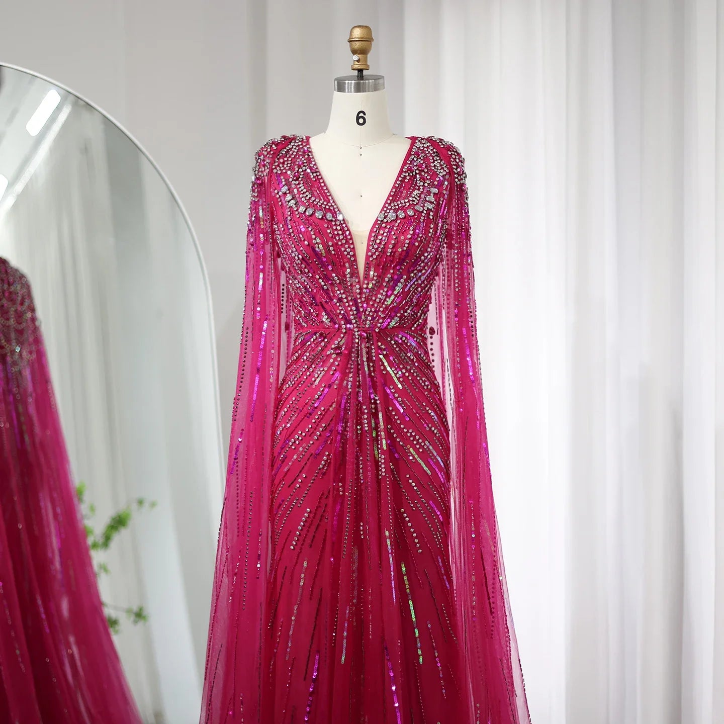 Luxury Dubai Sage Green Evening Dresses with Cape Fuchsia Crystal Gold Elegant Women Wedding Formal Party Gown