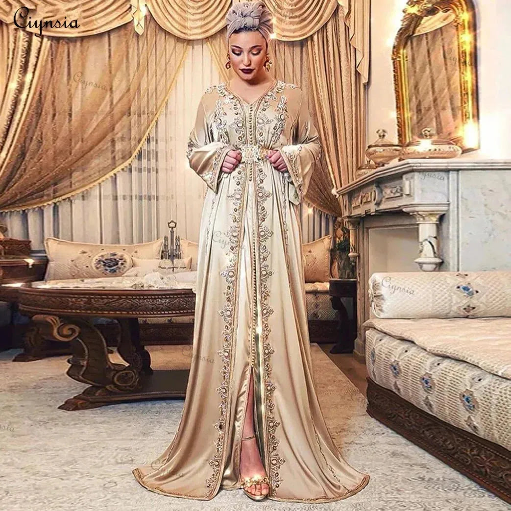 A-Line Satin Long Sleeve Nigeria Moroccan Caftan Evening Dresses Abendkleider Champagne Muslim Formal Party Gowns Women White