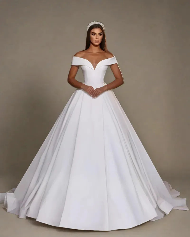 Gorgeous A Line Wedding Dresses For Woman Off The Shoulder V Neck Satin Formal Princess Fashion Bride Gowns Vestidos De Novia As Picture Satin