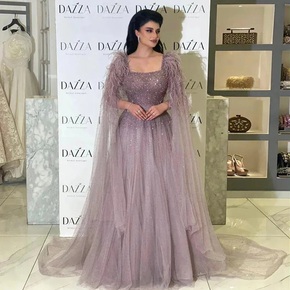 Dusty Pink Luxury Feathers Arabic Evening Dresses with Cape Elegant Women Dubai Turkey Wedding Party Gowns Dusty Pink Evening Dress