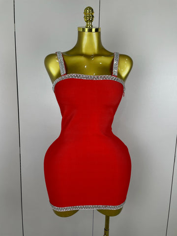 Women Celebrity Luxury Sexy Summer Square Collar Red Crystal Mini Bandage Dress Knitted Elegant Evening Club Party Outfit
