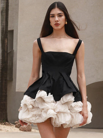 VC Elegant Black Mini Dress with Peplum and White Ruffle Accents for Upscale Casual Gatherings