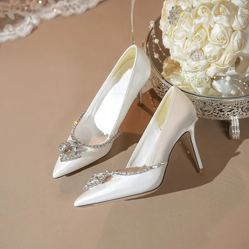 Luxury Rhinestones Satin Women Pumps Spring Summer Fashion Pointed toe Office Lady High heels Female Wedding Bridal Dress Shoes