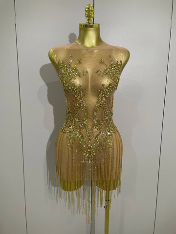 Luxury Sparkly Rhinestones Chain Sleeveless Mini Dress  Women Sexy Performance Dance Nightclub Outfit Birthday Party Dress