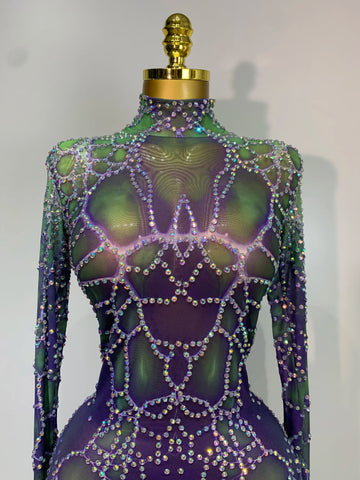 Women Sparkly Rhinestones Mesh Bodycon Jumpsuit Singer Stage Performance Dance Costume Nightclub Party Luxury Birthday Outfit