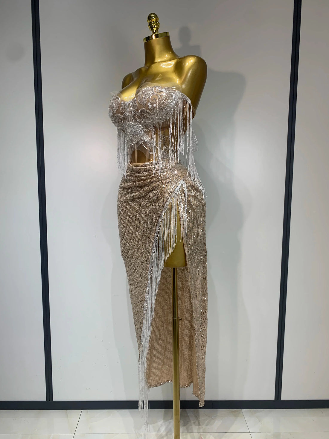 Women Sexy Singer Performan Costume Nightclub Girl Sparkly Sequin Tassel Two Piece Set  Evening Party Luxury Birthday Outfit