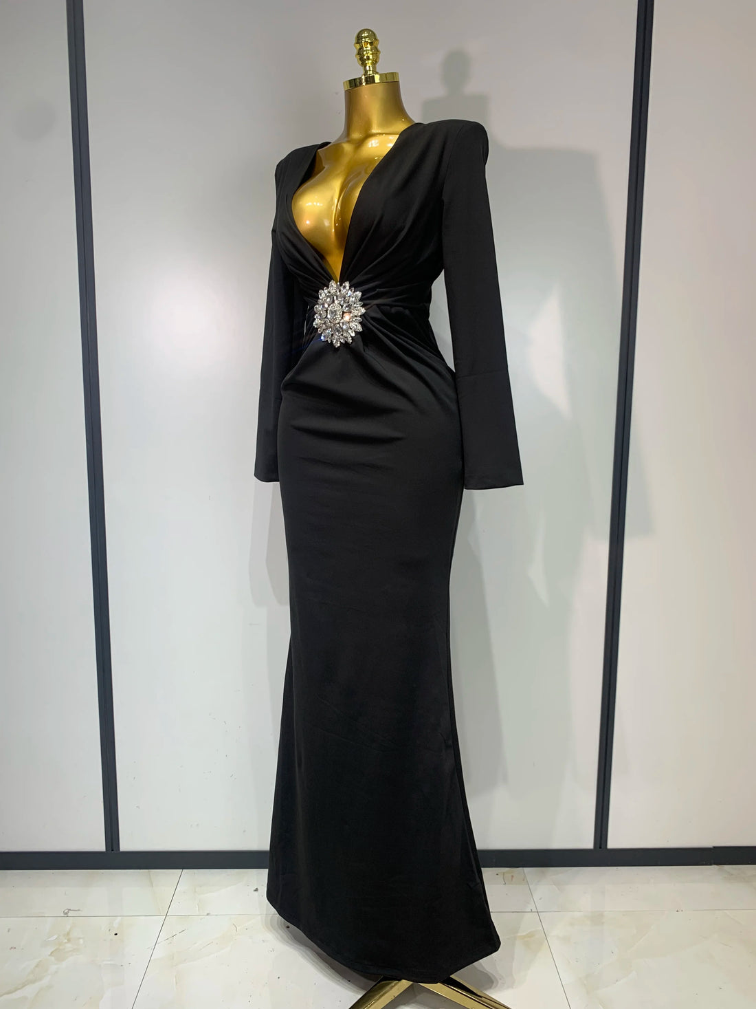 Black Diamond Bodycon Maxi Dresses Women Sexy Deep V Neck Long Sleeves Gowns Runway Party Wear 2025 Elegant Evening Party Dress