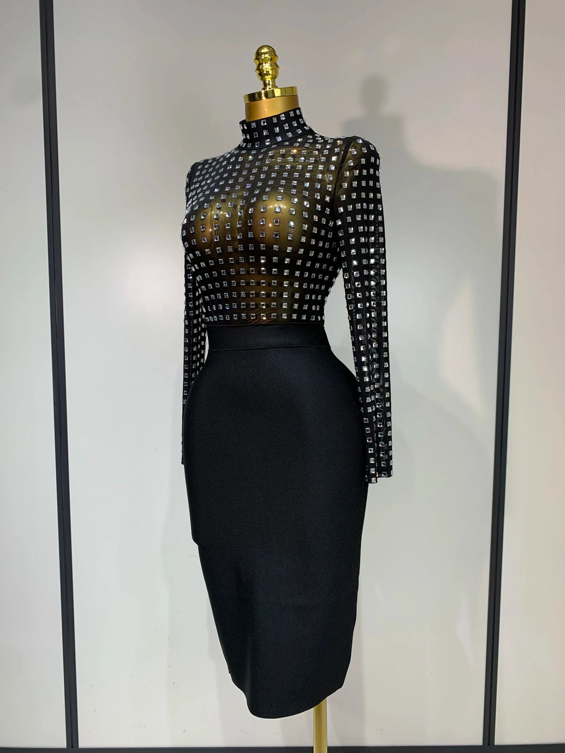 Celebrity Sexy Turtleneck Rhinestones Black Mesh Bodycon Bandage Dress Women 2025 Elegant Evening Club Luxury Birthday Dress