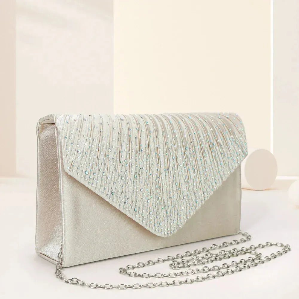 Elegant Rhinestone Evening Bag, Women's Ruched Clutch Purse, Luxury Flap Handbag For Wedding Party Prom Banquet