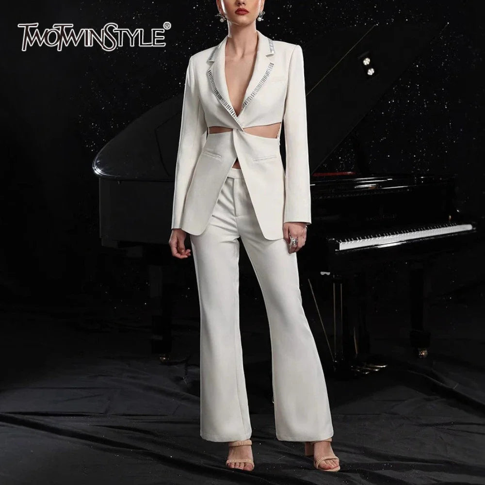 Solid Hollow Out Elegant Two Piece Sets for Women Lapel Long Sleeves Spliced Hot Fix Top High Waist Pant Set Female